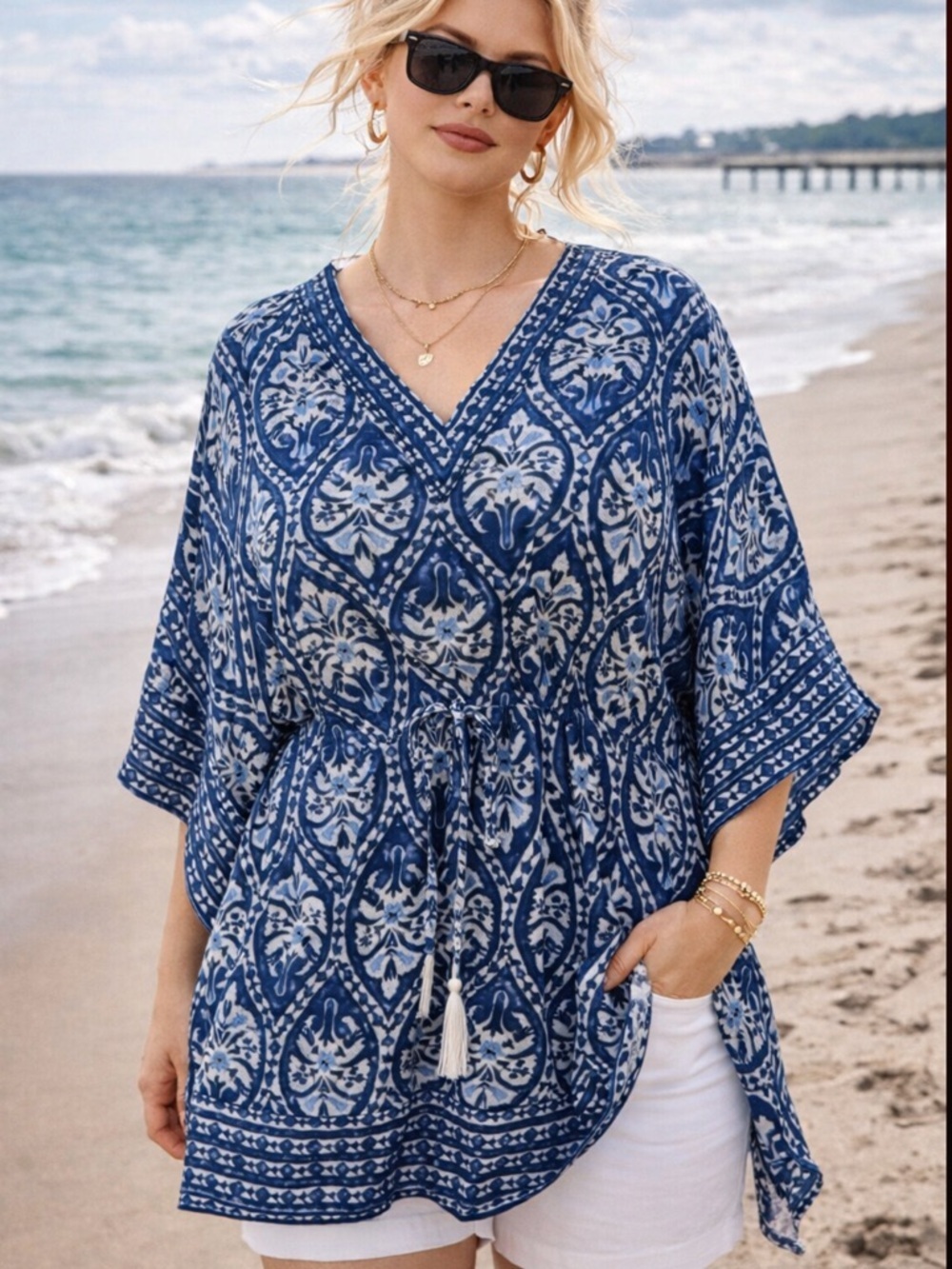 Charter Club - Kaftan style tunic blouse - batik blue - kimono sleeve - size L